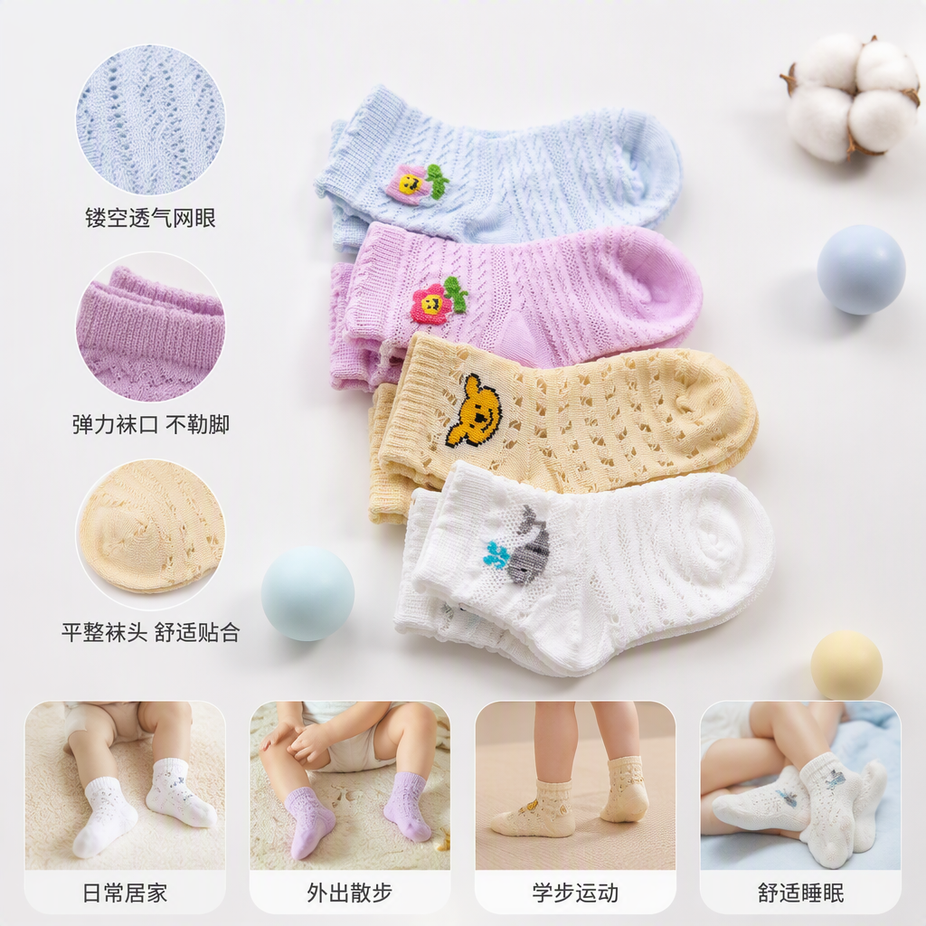 Colorful cartoon children's socks, pure cotton, comfortable and anti-slip spring and summer sports sock set for babies