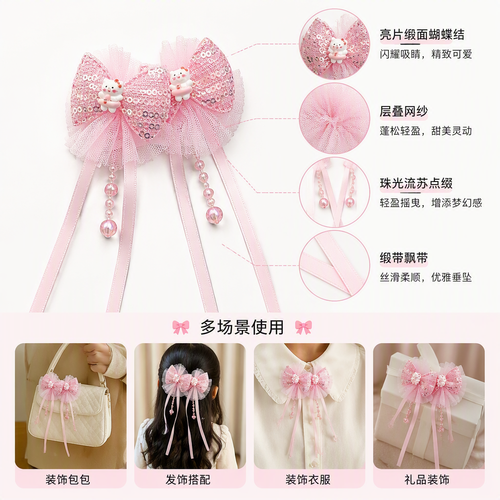 Niña fada arco par clip lentejuelas mesh lindo gatito perla flecos serpentina niña vestido clip pelo