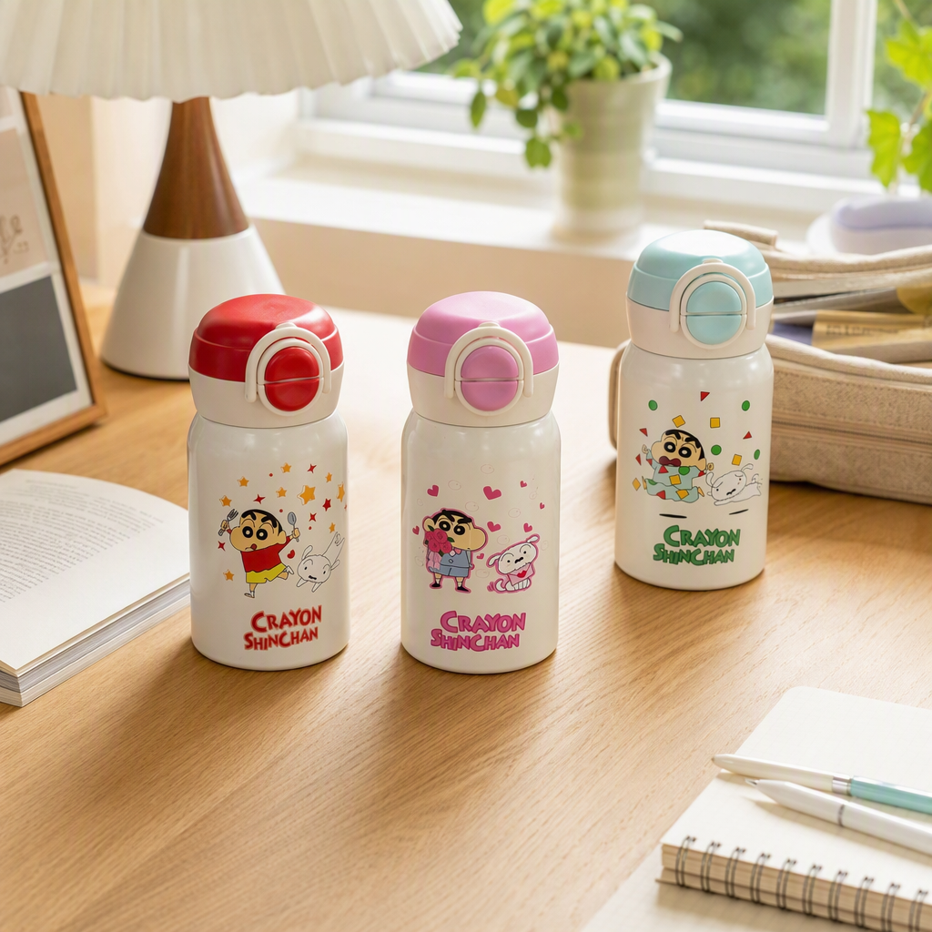 Crayon pequeño nuevo dibujo animado taza térmica cuerpo de taza blanca tapa de color impresión a prueba de fugas aislante niños taza de agua taza de bebida doble taza de pajita 300ml details Picture
