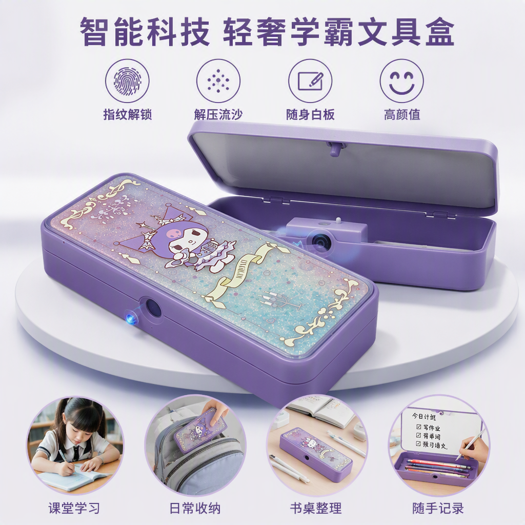 Pink and purple cartoon flowing sand stationery box, creative storage student pen case, cute children, multi-functional and trendy style