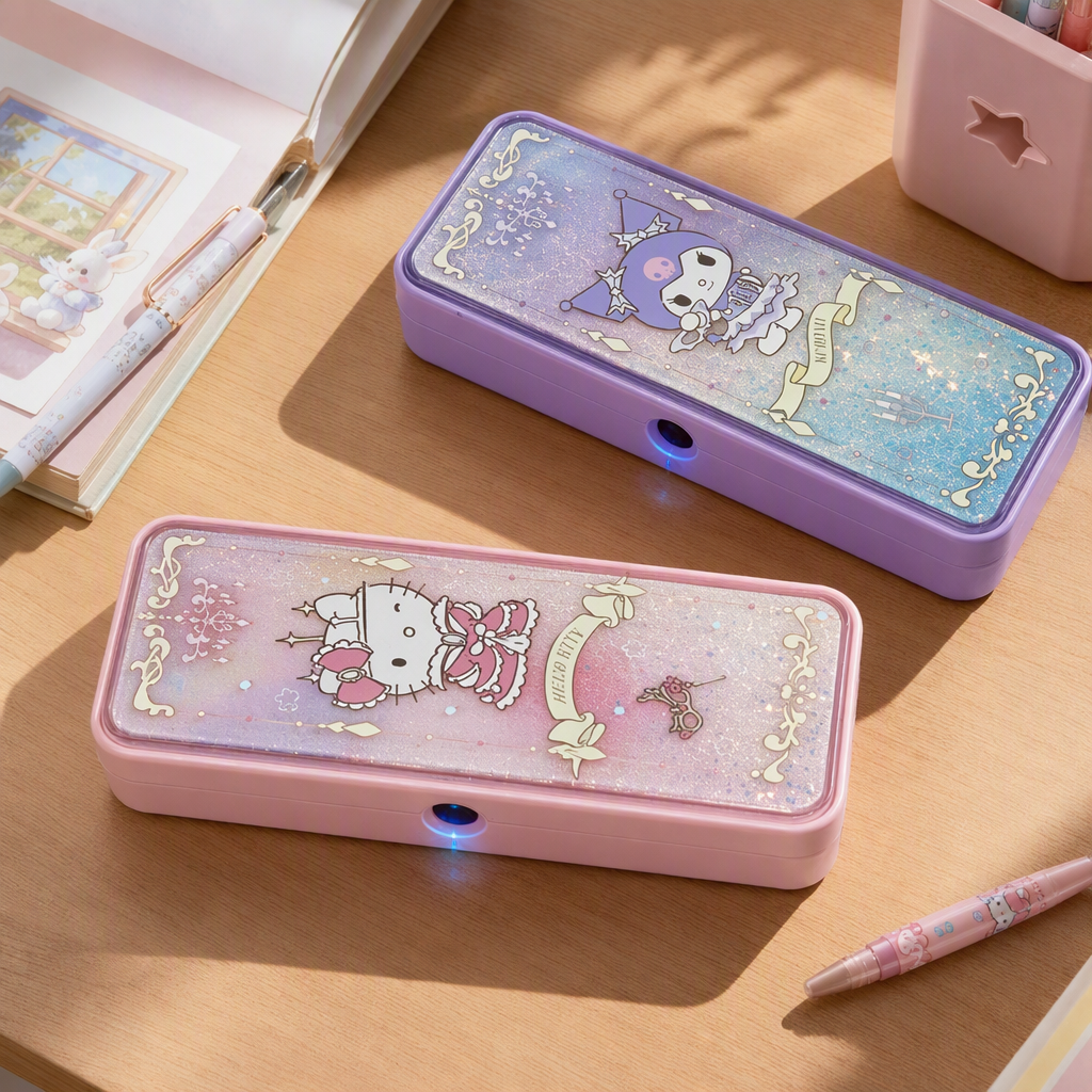 Pink and purple cartoon flowing sand stationery box, creative storage student pen case, cute children, multi-functional and trendy style details Picture