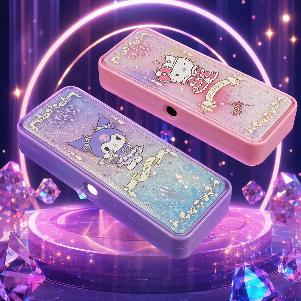 Pink and purple cartoon flowing sand stationery box, creative storage student pen case, cute children, multi-functional and trendy style Specification image