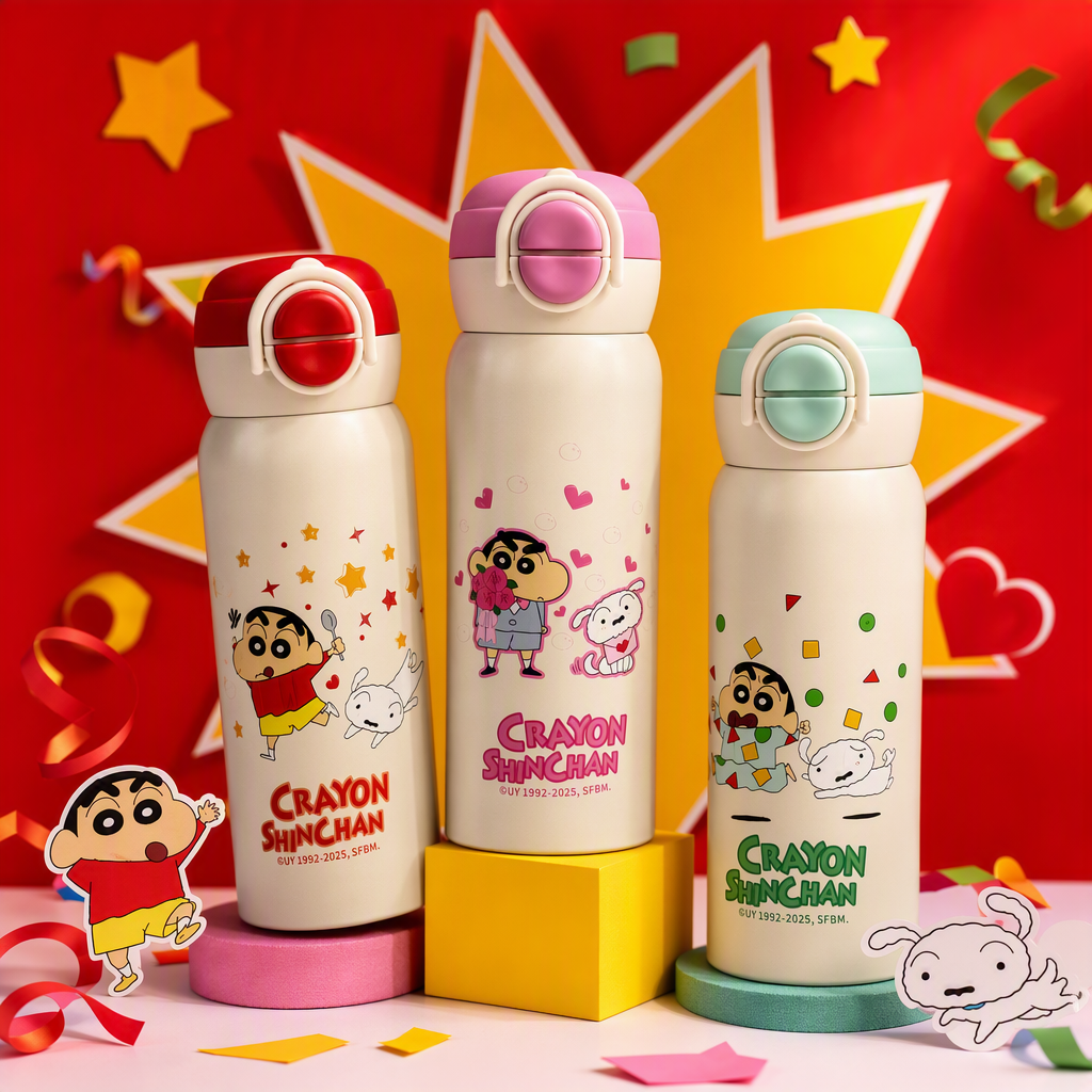 Crayon pequeño nuevo dibujo animado vaso térmico tres tapa multicolor diseño impreso para niños estudiantes portátil doble bebida vaso térmico 500ml