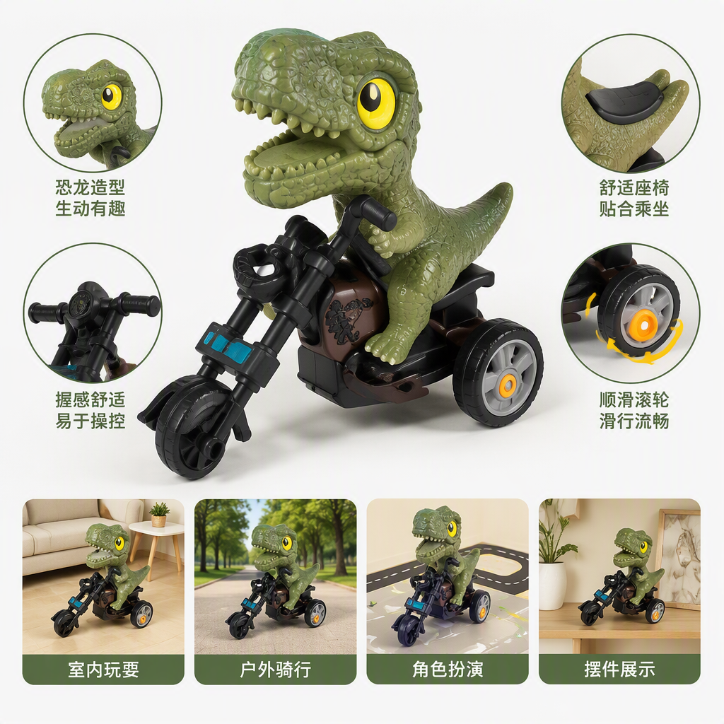 Dinosaurio moto inercia dinosaurio paseo en moto multicolor dibujos animados niños stand de tierra juguetes fuente details Picture