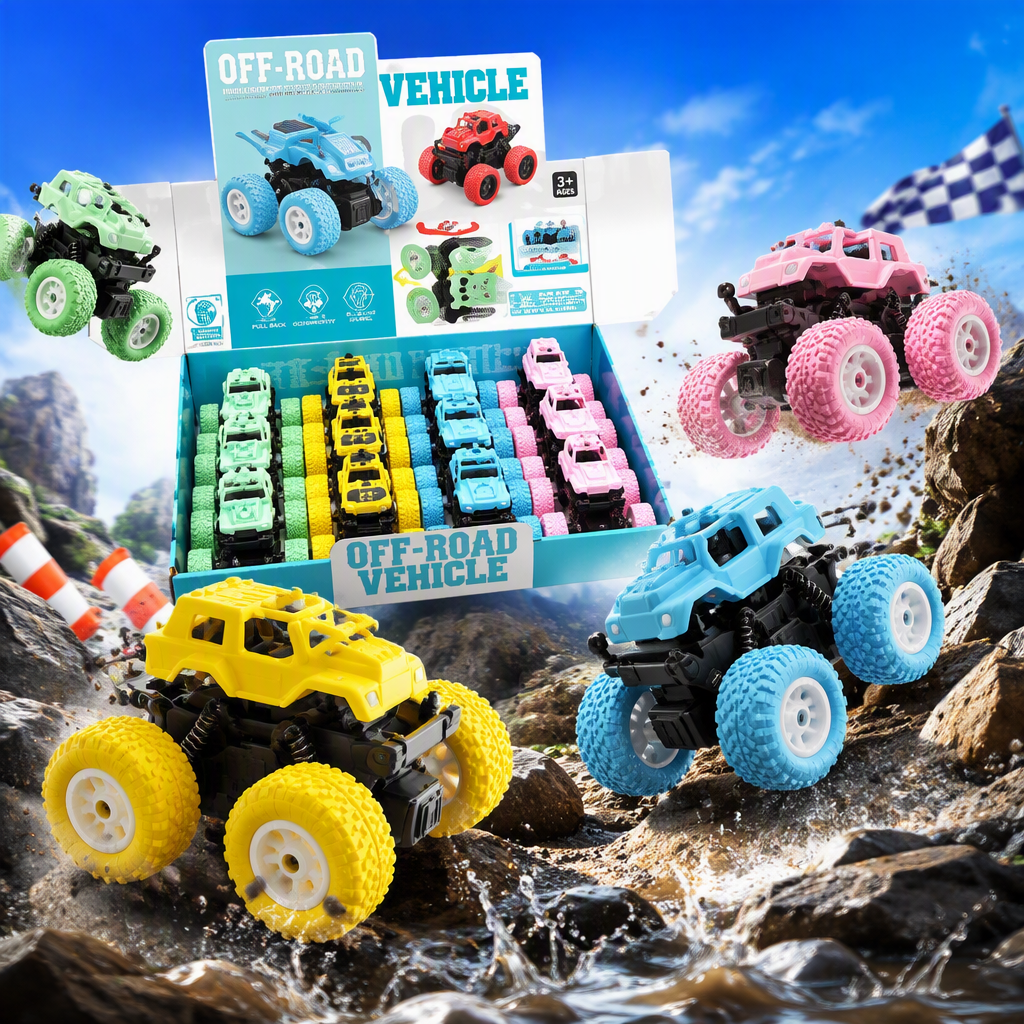 Double-inertia Macaron off-road vehicle, color four-wheel drive, shock-resistant, big foot climbing boy toy display box supply