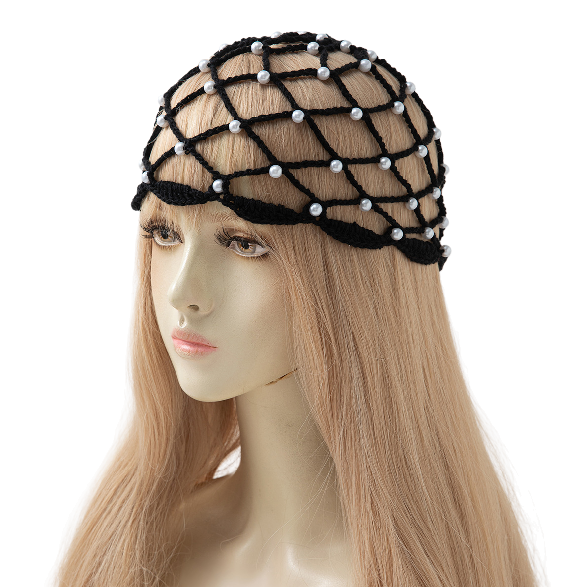Black pearl mesh headwear for blonde models showcases fashionable and elegant accessories, a versatile and trendy look Item Picture