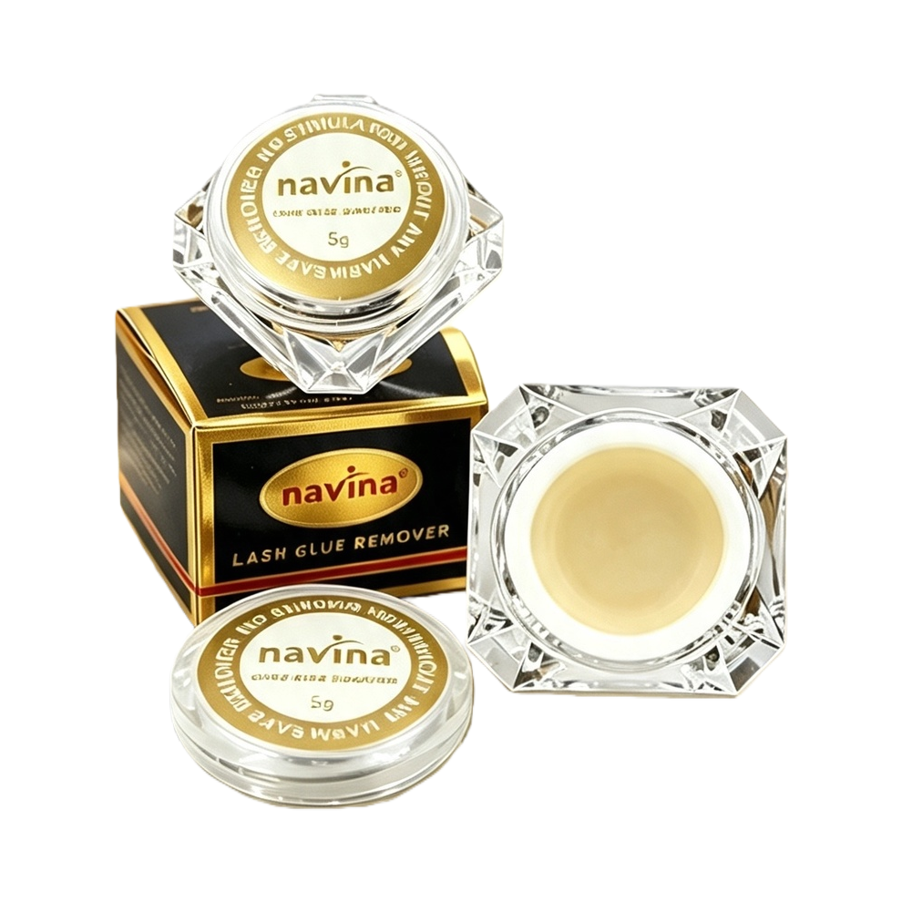 navina golden background glass tray, 5g mascara remover, transparent crystal bottle body, black gold edge packaging box, natural, thick, slender, long-lasting, anti-smudge Item Picture