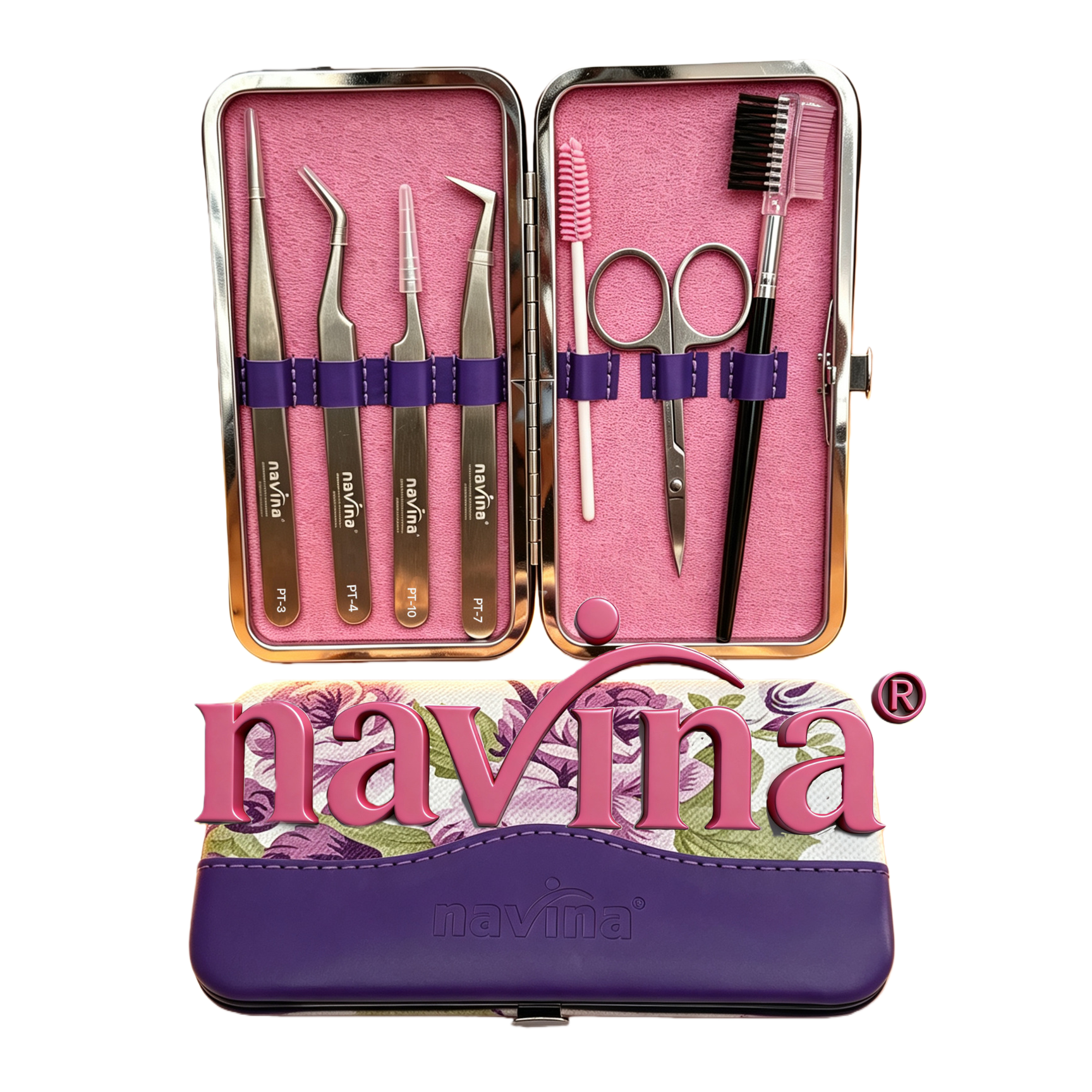 Kit de herramientas ciliar profesional caja de metal cuatro pinzas cortador de cejas cepillo de cejas espiral peine de dos caras banda púrpura con caja de almacenamiento Item Picture