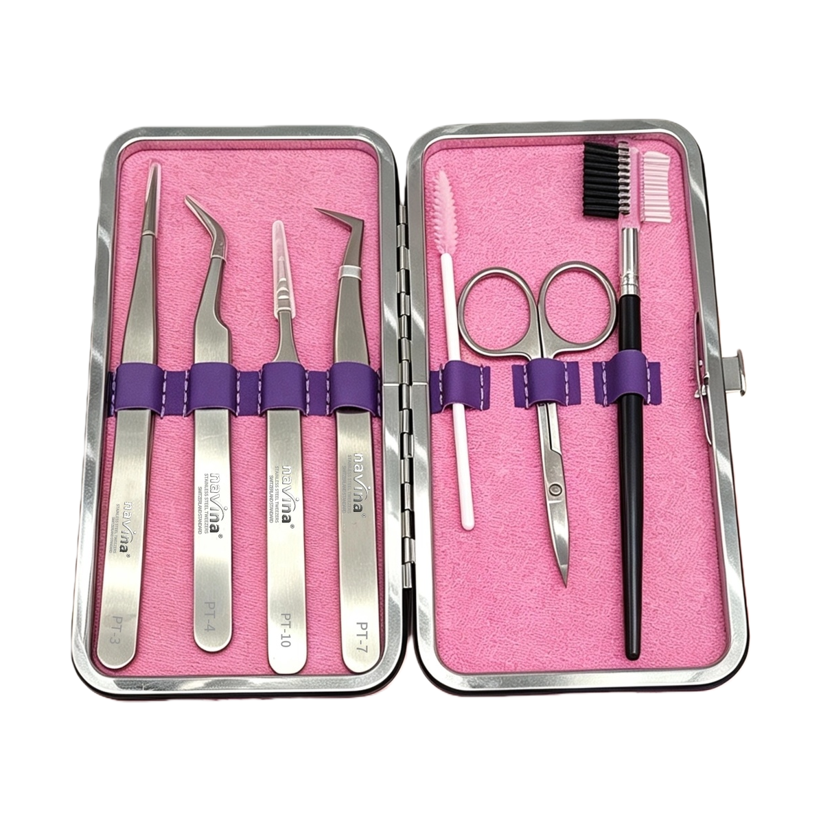 The portable eyelash extension tool box with pink lining and silver edge, multi-functional eyebrow shaping tweezers, scissors and eyebrow brush set is convenient to carry Item Picture