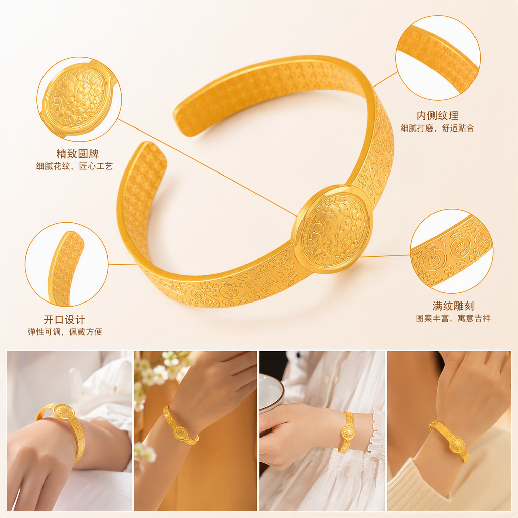 时尚金色雕花手镯复古奢华手链女士潮流百搭饰品礼物赠品