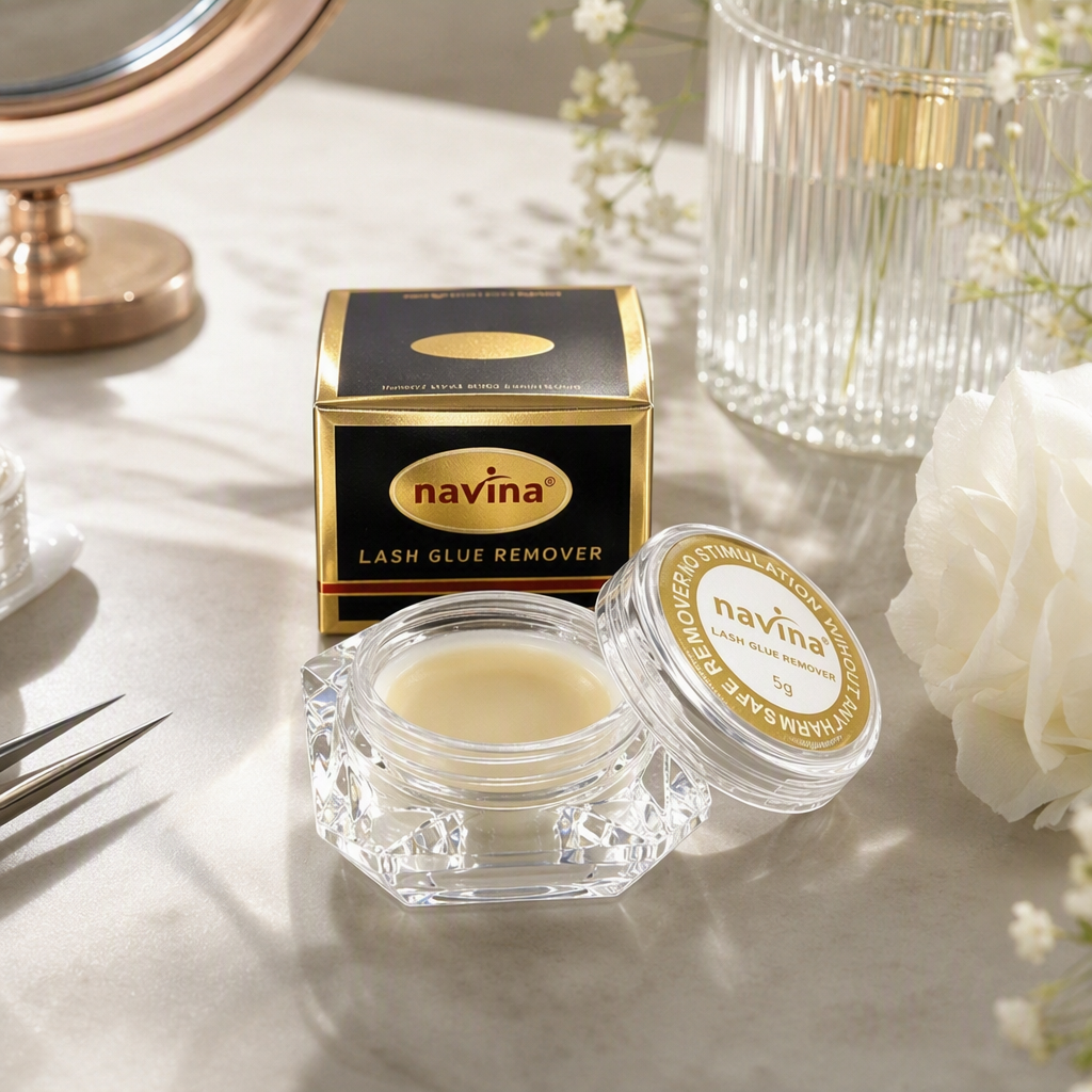 navina golden background glass tray, 5g mascara remover, transparent crystal bottle body, black gold edge packaging box, natural, thick, slender, long-lasting, anti-smudge details Picture