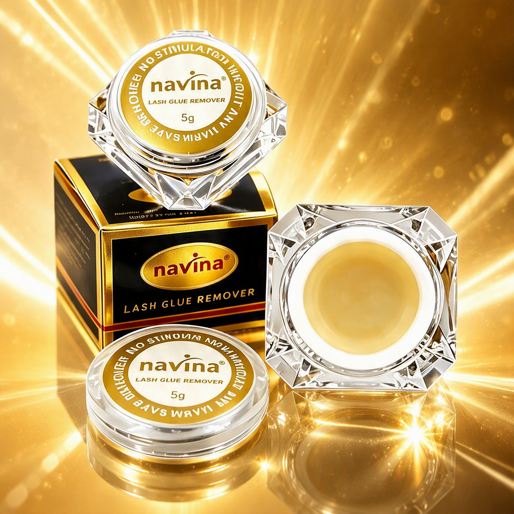 navina golden background glass tray, 5g mascara remover, transparent crystal bottle body, black gold edge packaging box, natural, thick, slender, long-lasting, anti-smudge Specification image