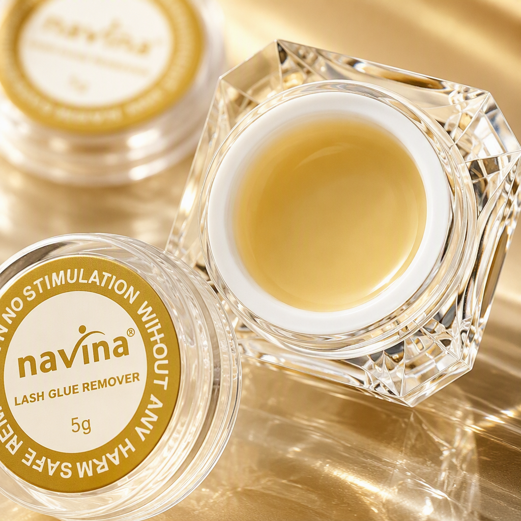 navina golden background glass tray, 5g mascara remover, transparent crystal bottle body, black gold edge packaging box, natural, thick, slender, long-lasting, anti-smudge Application Scenario