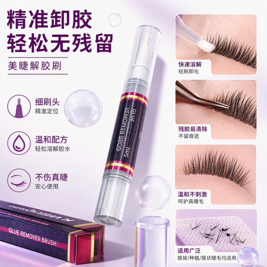 Detailed pictures of the application scenarios of the transparent tube body and white brush head of the special glue remover pen for eyelash extension in Zijin packaging
