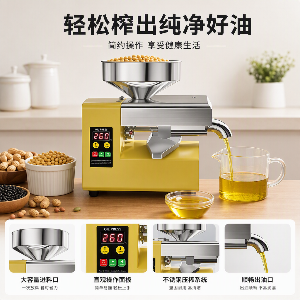 The multi-functional yellow oil press is suitable for both home and commercial use. It can quickly produce oil, is easy to operate and suitable for various seeds Application Scenario
