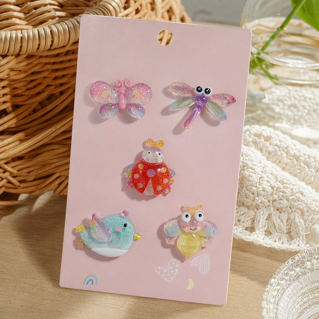 Five combinations of colorful sequined insect hair clips, including butterfly, dragonfly, ladybug, bird and bee hair accessories and headwear for children and girls details Picture