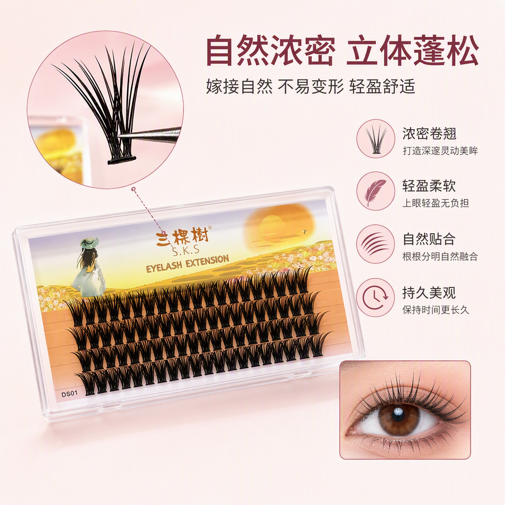 Pestañas postizas negras naturales densas caja de plástico transparente fondo rosa degradado envoltura de maquillaje curvado natural larga duración