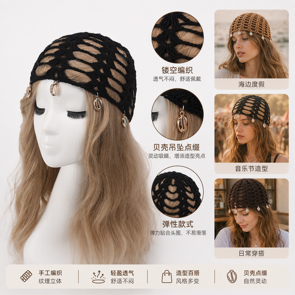 Black crochet headscarf with shell pendant, wig model accessory, fashionable, versatile and trendy accessories