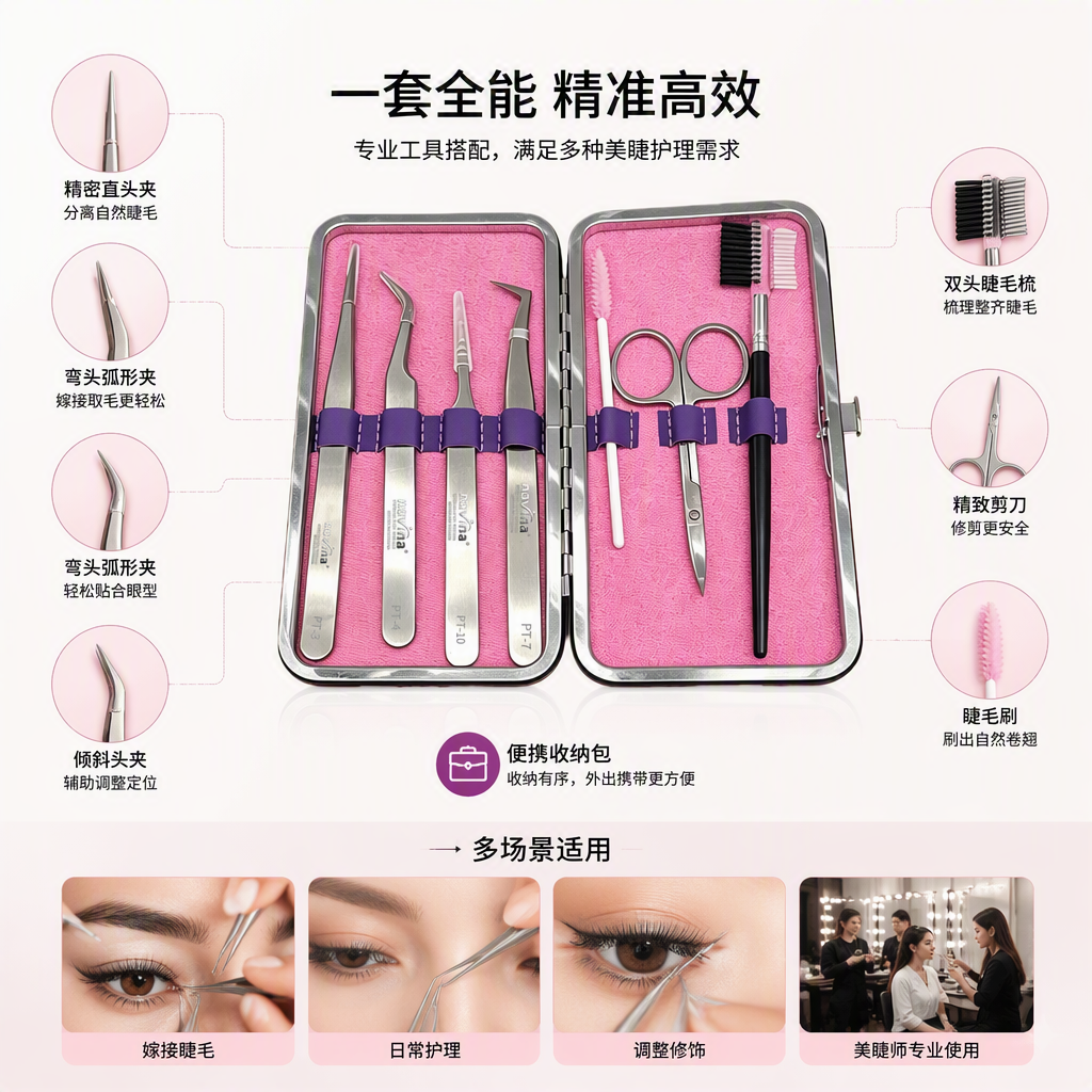 The portable eyelash extension tool box with pink lining and silver edge, multi-functional eyebrow shaping tweezers, scissors and eyebrow brush set is convenient to carry