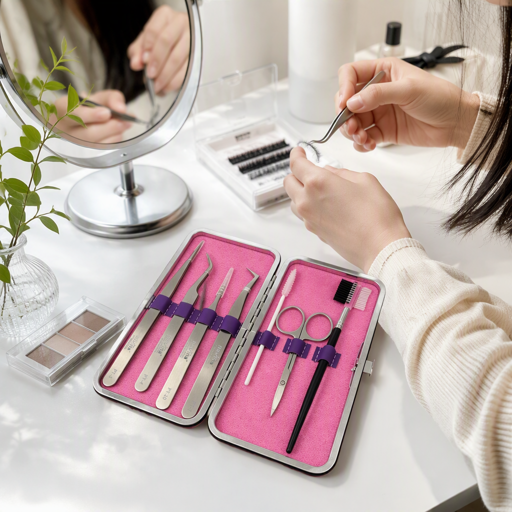 The portable eyelash extension tool box with pink lining and silver edge, multi-functional eyebrow shaping tweezers, scissors and eyebrow brush set is convenient to carry details Picture