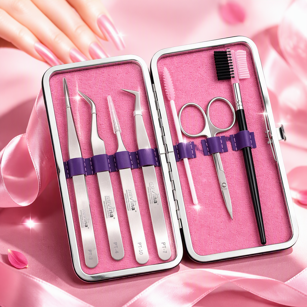 The portable eyelash extension tool box with pink lining and silver edge, multi-functional eyebrow shaping tweezers, scissors and eyebrow brush set is convenient to carry Specification image