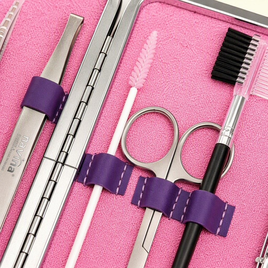 The portable eyelash extension tool box with pink lining and silver edge, multi-functional eyebrow shaping tweezers, scissors and eyebrow brush set is convenient to carry Application Scenario