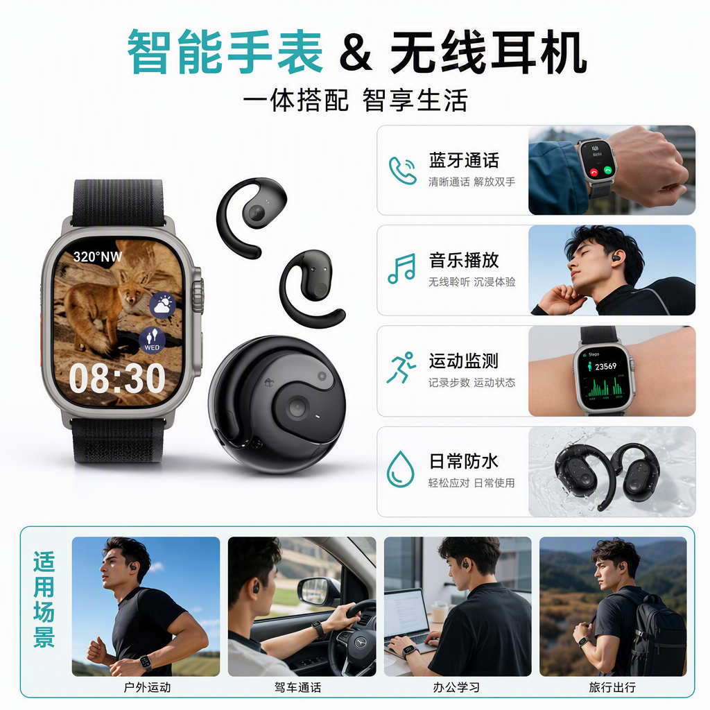 Caja azul y blanca smart watch auriculares set deporte casual multifuncional monitoreo de salud unisex caja de regalo