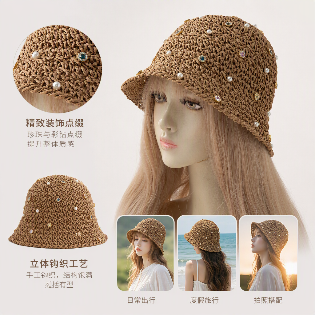 时尚棕色钩针编织装饰帽模特展示百搭休闲冬季保暖帽子潮流款