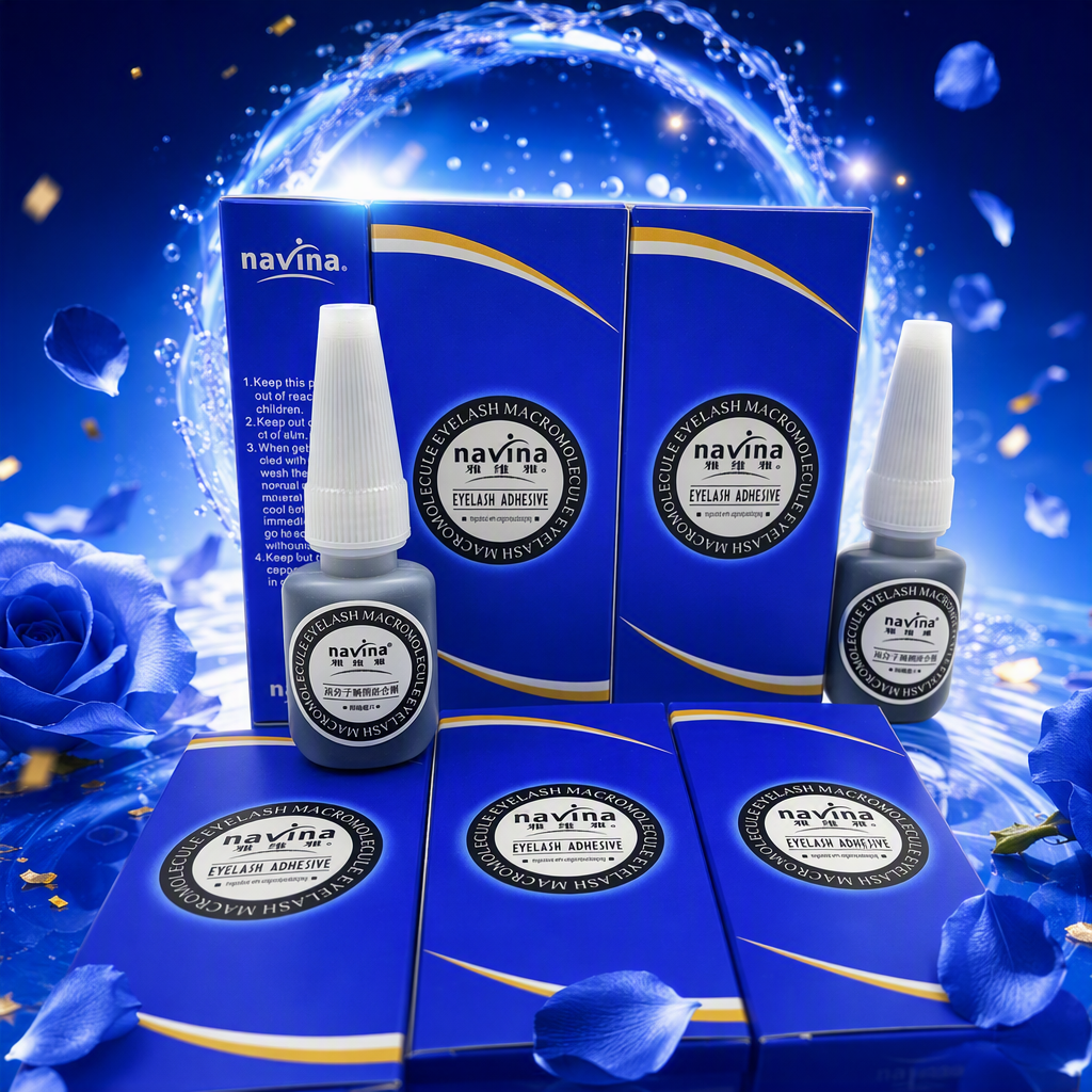 Caja azul con botella de pegamento gris cola de pestañas falsas larga duración resistente al agua natural grueso maquillaje esencial Specification image