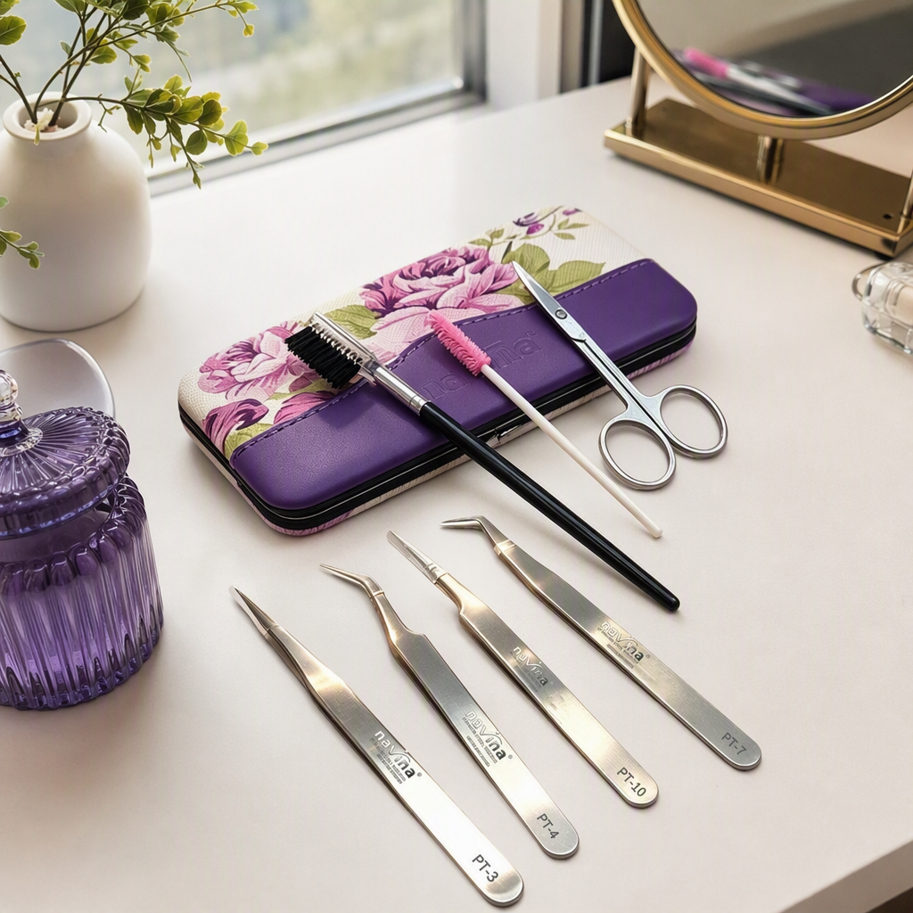 Kit de herramientas ciliar profesional paquete de almacenamiento de flores púrpura pinzas de cuatro metales cepillo de cejas pestañas tijeras belleza belleza suministros details Picture