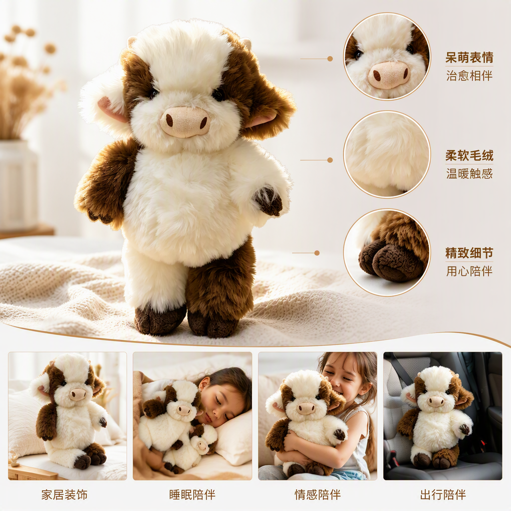 Cute cow plush toy, calf doll, doll, birthday gift, wholesale trade, Jellycat, brown and white plush cow doll, cute pillow, plush toy, children's gift, collectible Specification image