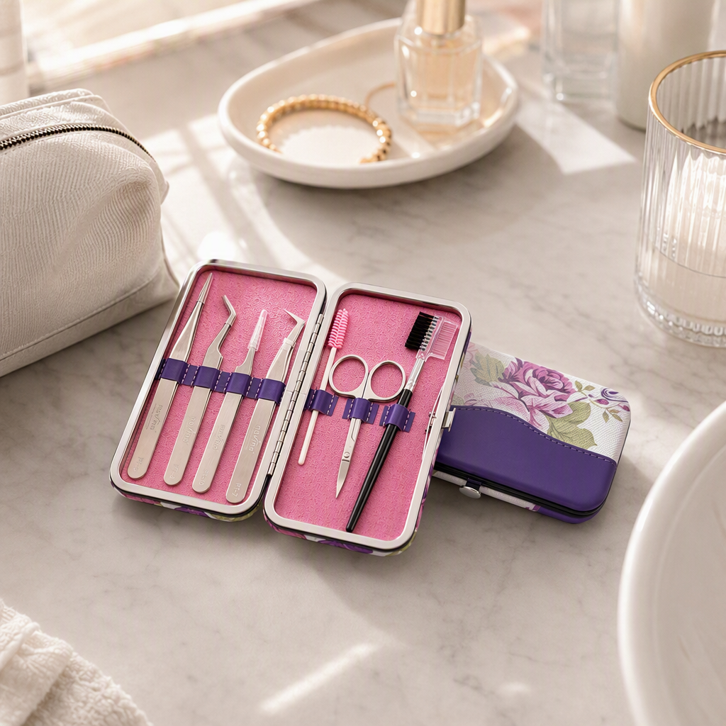 Kit de herramientas ciliar profesional caja de metal cuatro pinzas cortador de cejas cepillo de cejas espiral peine de dos caras banda púrpura con caja de almacenamiento details Picture
