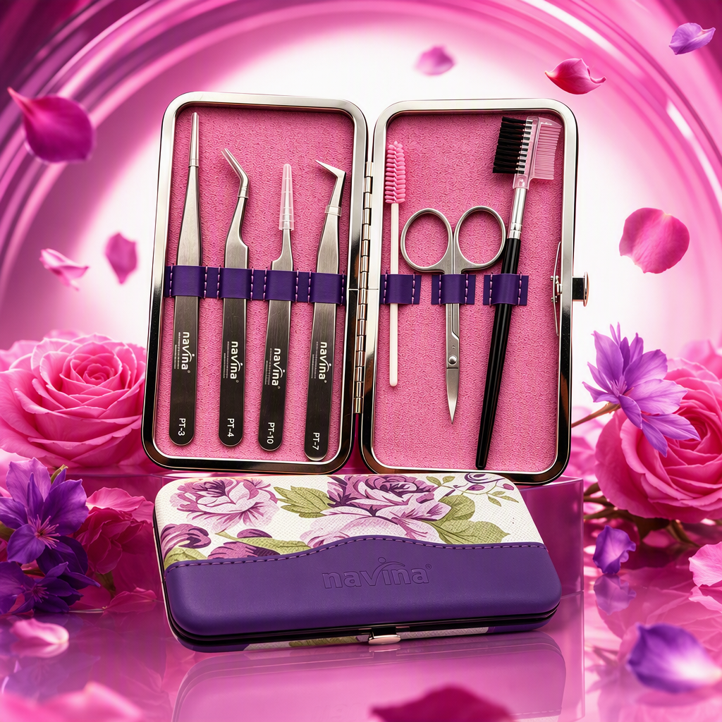 Kit de herramientas ciliar profesional caja de metal cuatro pinzas cortador de cejas cepillo de cejas espiral peine de dos caras banda púrpura con caja de almacenamiento Specification image