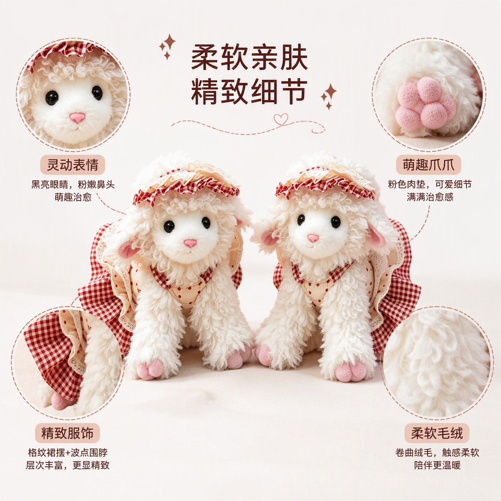 Suave moe peluche lolita muñeca de regalo para niños juguetes pacifistas comercio exterior al por mayor ropa animal blanco rizado muñeca de oveja vestido rojo y blanco tartan con sombrero de encaje muñeca de tela linda regalo para niños Specification image