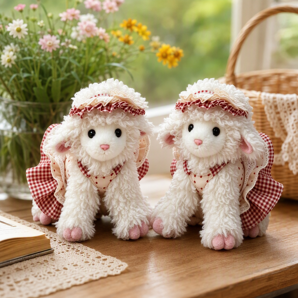 Suave moe peluche lolita muñeca de regalo para niños juguetes pacifistas comercio exterior al por mayor ropa animal blanco rizado muñeca de oveja vestido rojo y blanco tartan con sombrero de encaje muñeca de tela linda regalo para niños details Picture