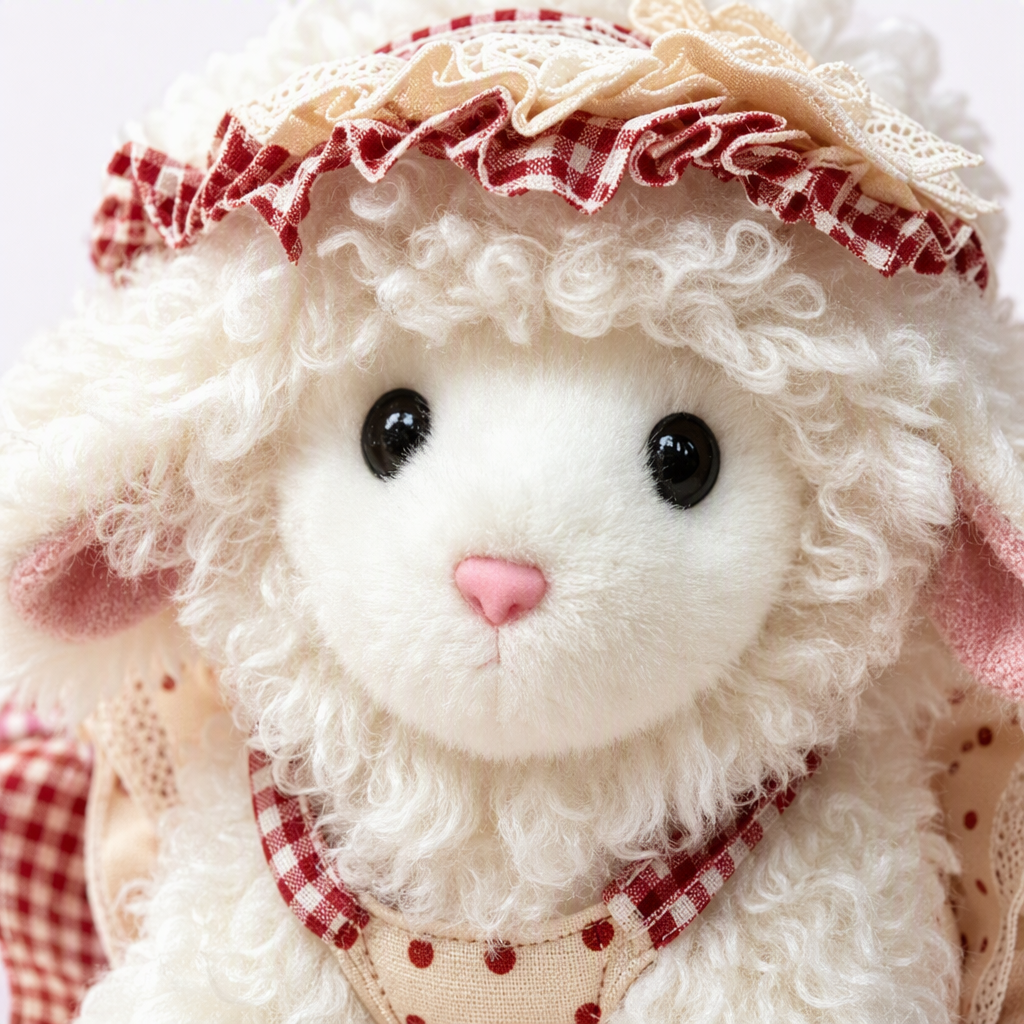 Suave moe peluche lolita muñeca de regalo para niños juguetes pacifistas comercio exterior al por mayor ropa animal blanco rizado muñeca de oveja vestido rojo y blanco tartan con sombrero de encaje muñeca de tela linda regalo para niños Item Picture