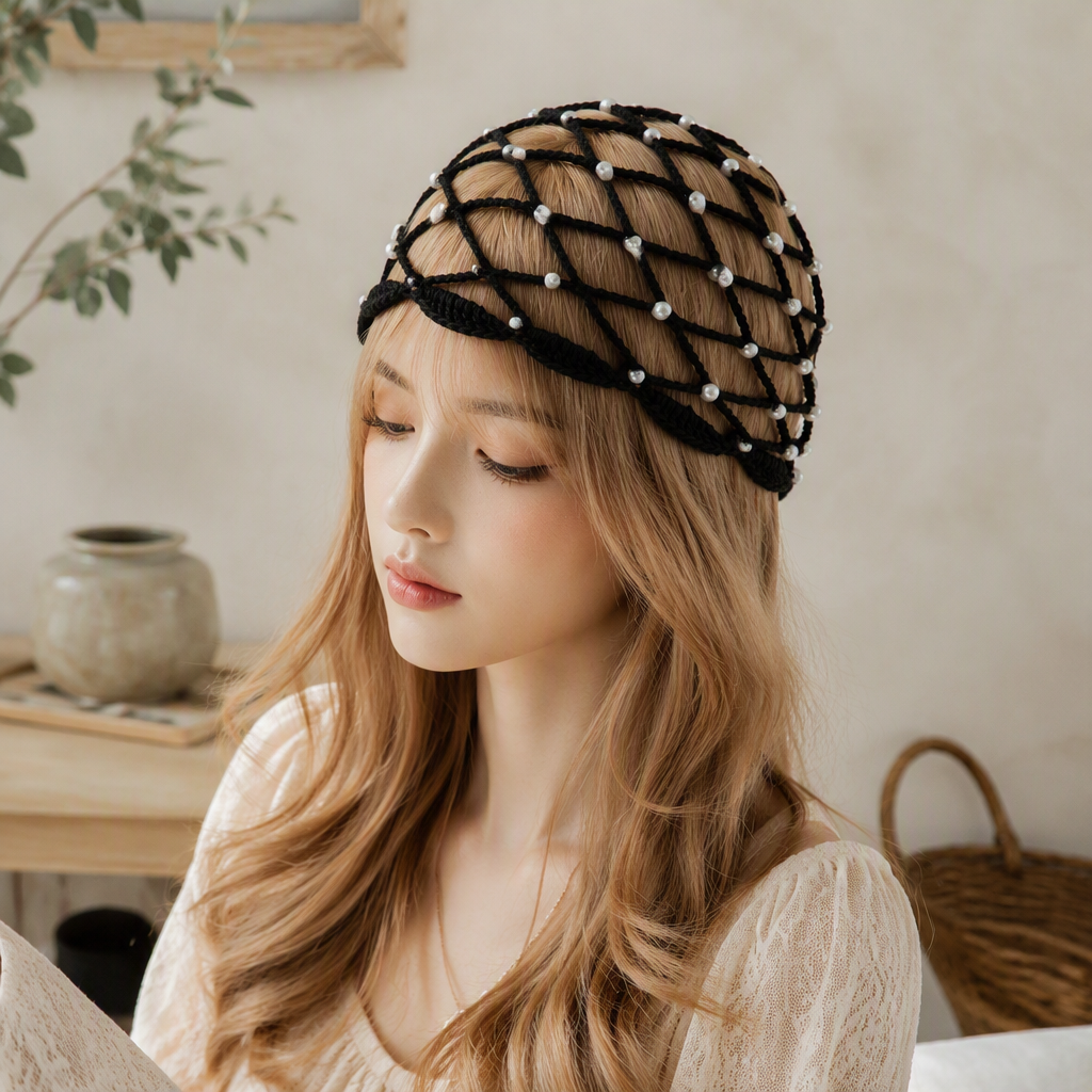 Black pearl mesh headwear for blonde models showcases fashionable and elegant accessories, a versatile and trendy look details Picture