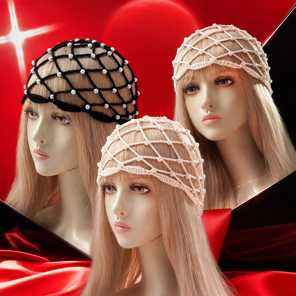Black pearl mesh headwear for blonde models showcases fashionable and elegant accessories, a versatile and trendy look Specification image