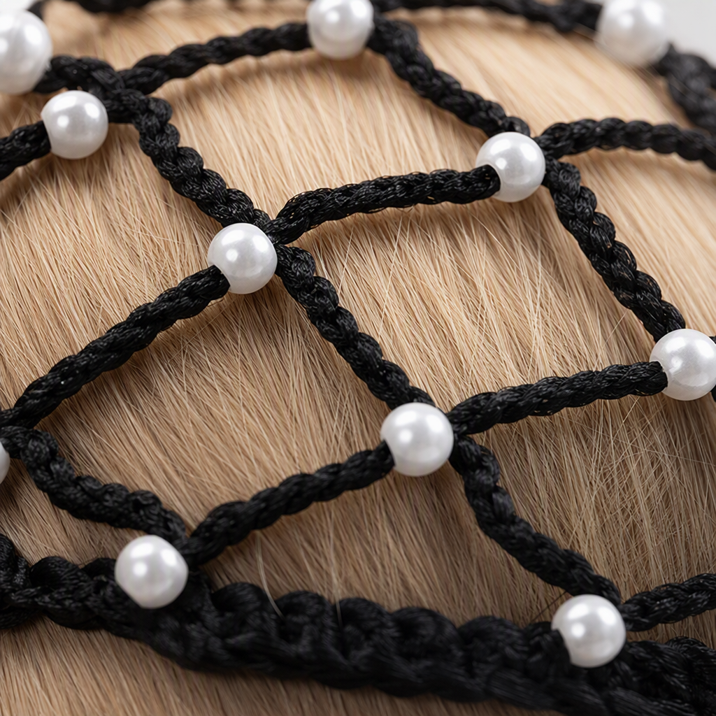 Black pearl mesh headwear for blonde models showcases fashionable and elegant accessories, a versatile and trendy look Application Scenario