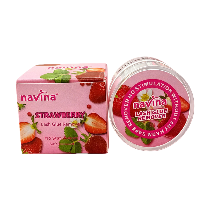 Strawberry-flavored remover cream pink packaging, strawberry pattern, green leaf decoration, transparent lid, cream can, fresh water droplets decorated, skin care product Item Picture