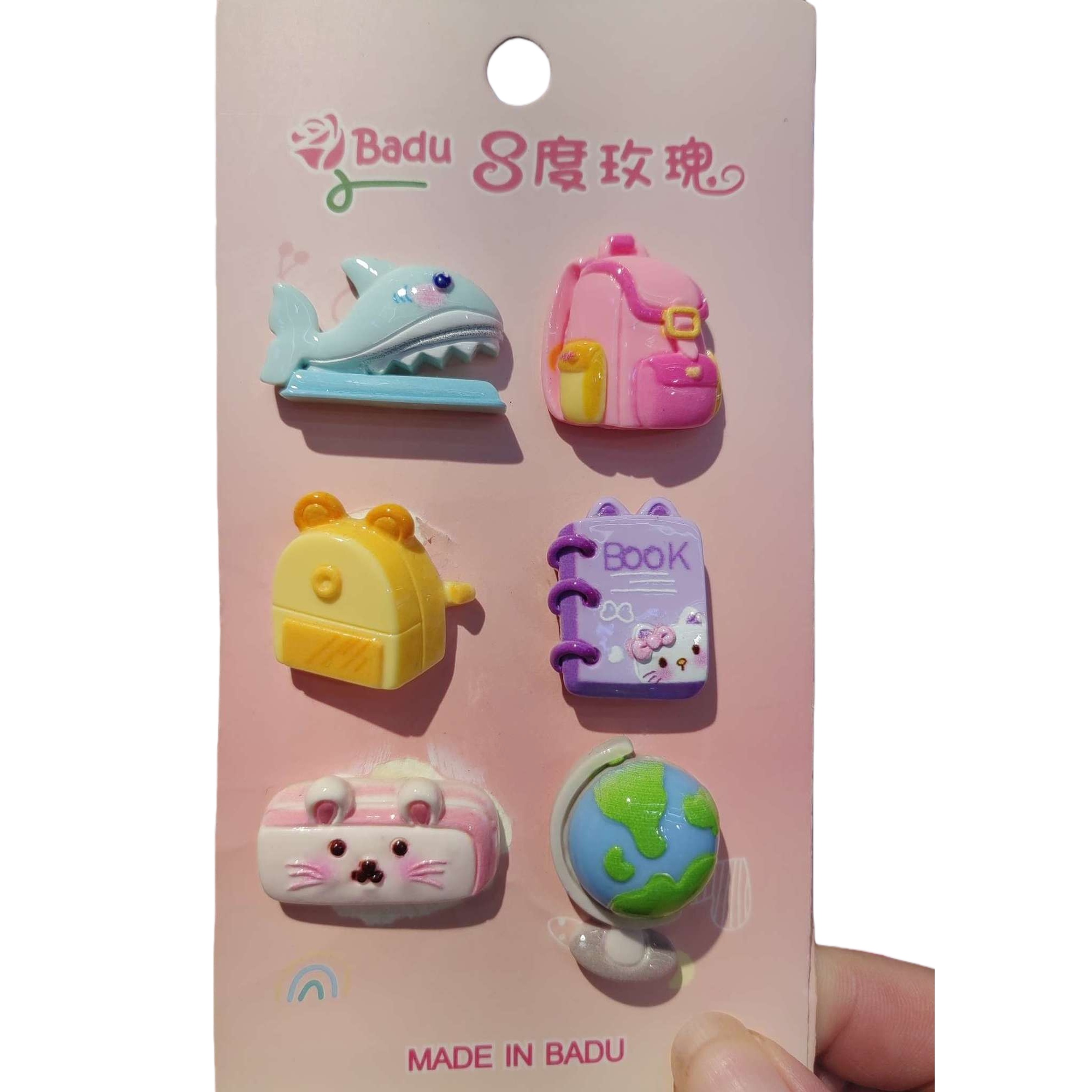 Pink card, six cartoon stationery pendants, blue whale, pink schoolbag, yellow bear bag, purple notebook, rabbit-shaped pencil case, globe decoration Item Picture