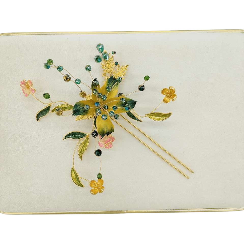 Golden hairpins with yellow, green, pink flower leaves and blue and green beaded elegant hair accessories, headwear, hair clips and hairpins Item Picture