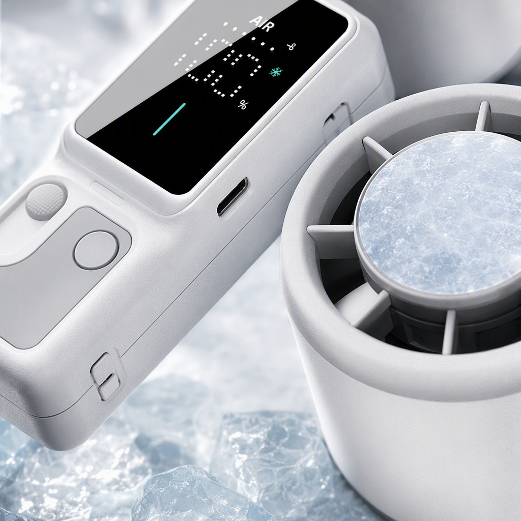 Transfronterizo estilo explosivo pequeño ventilador de mano para hacer hielo frío de alta velocidad pantalla grande pantalla digital cuello colgante ventilador de mano al aire libre Application Scenario