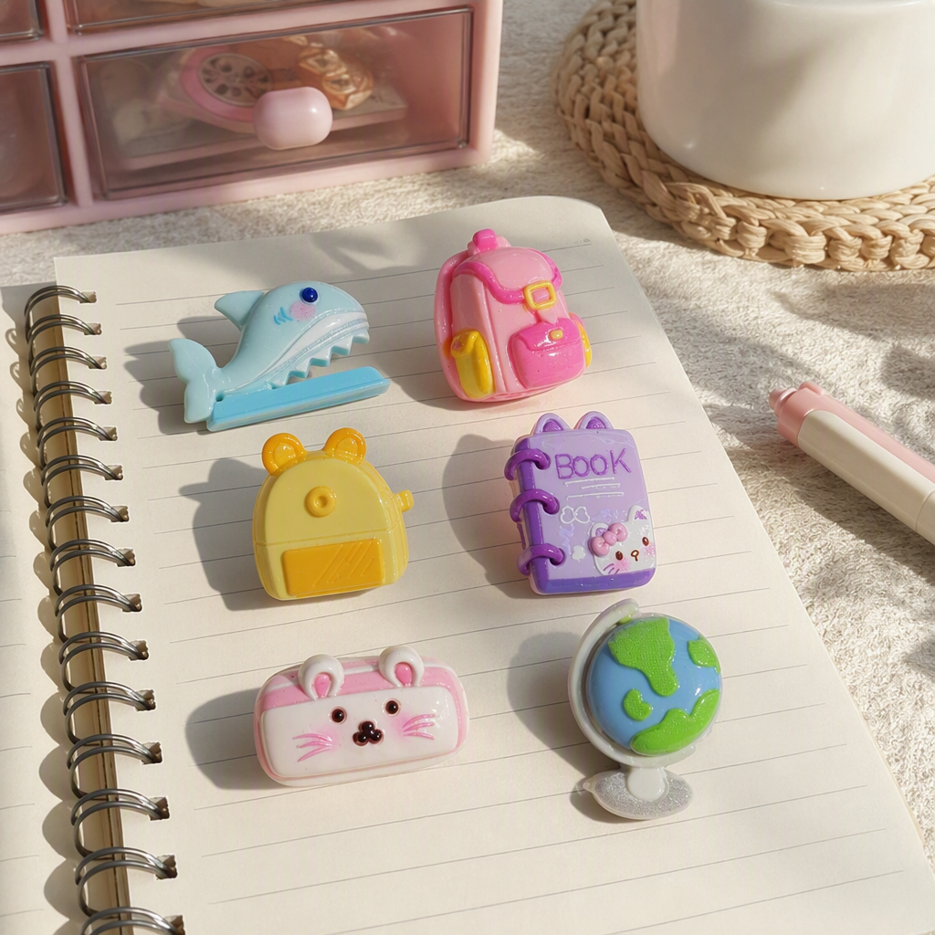 Pink card, six cartoon stationery pendants, blue whale, pink schoolbag, yellow bear bag, purple notebook, rabbit-shaped pencil case, globe decoration details Picture