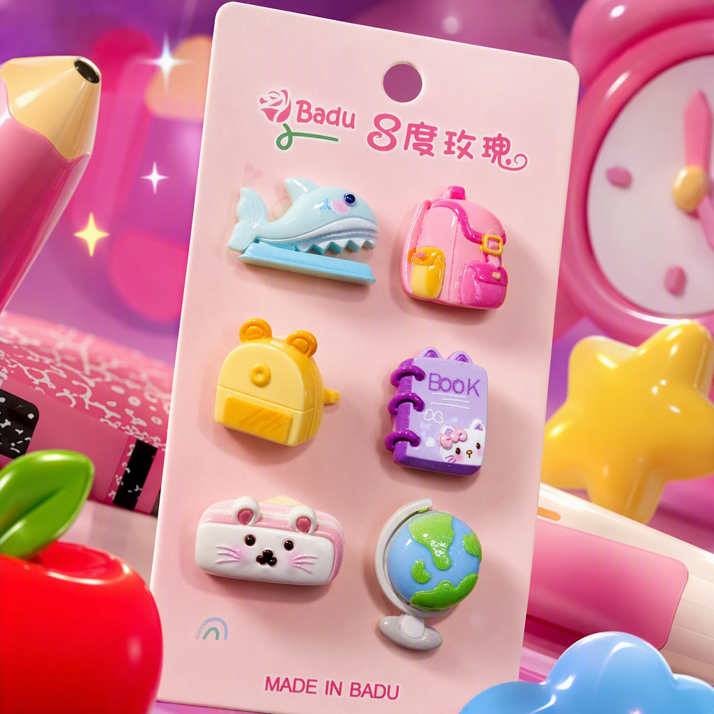 Pink card, six cartoon stationery pendants, blue whale, pink schoolbag, yellow bear bag, purple notebook, rabbit-shaped pencil case, globe decoration Specification image