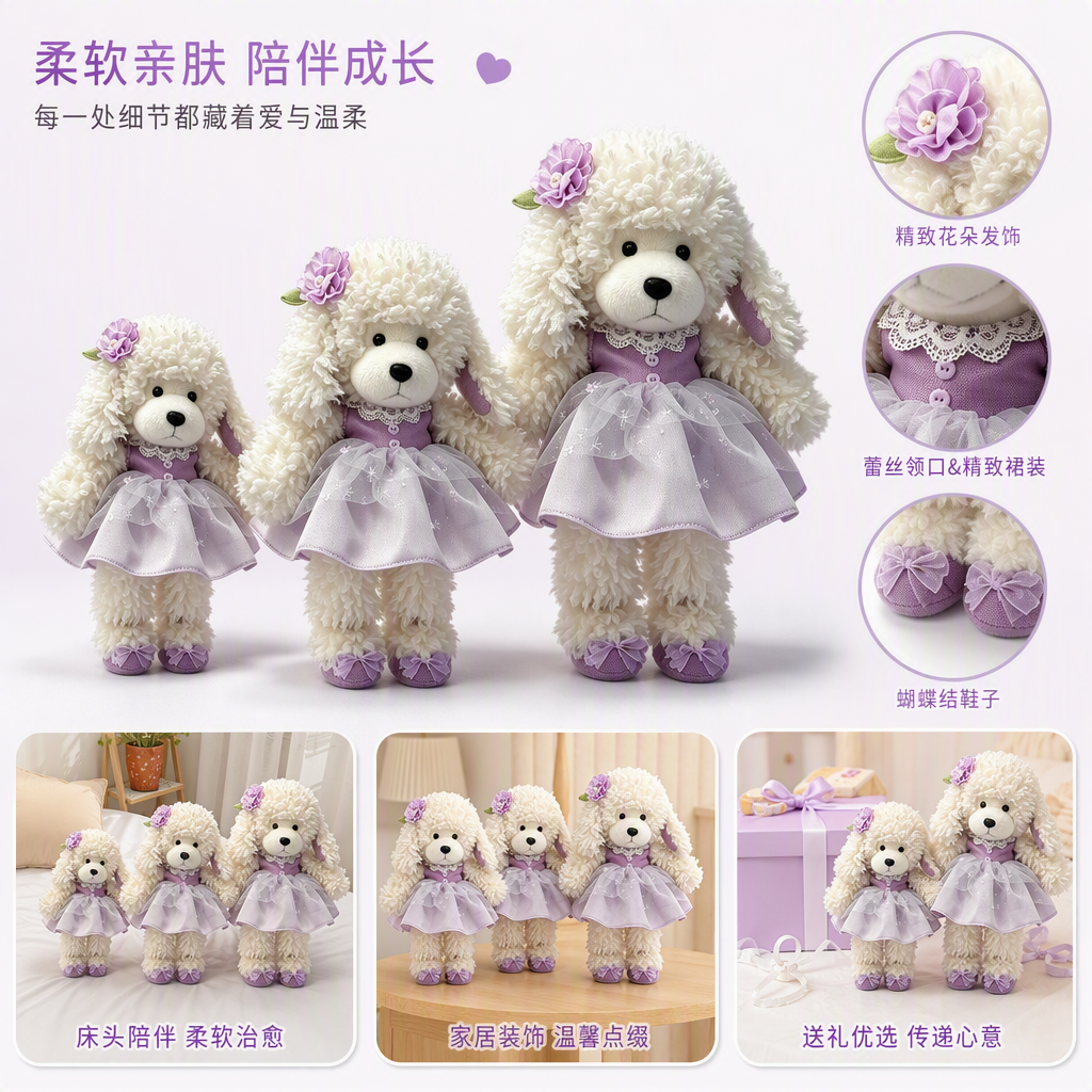 Lindo perro rizado blanco muñeca tres vestido morado juguete de peluche regalo para niños nuevo estilo varios Specification image