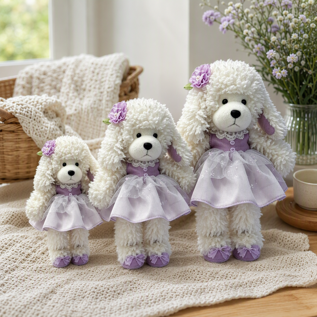 Lindo perro rizado blanco muñeca tres vestido morado juguete de peluche regalo para niños nuevo estilo varios details Picture