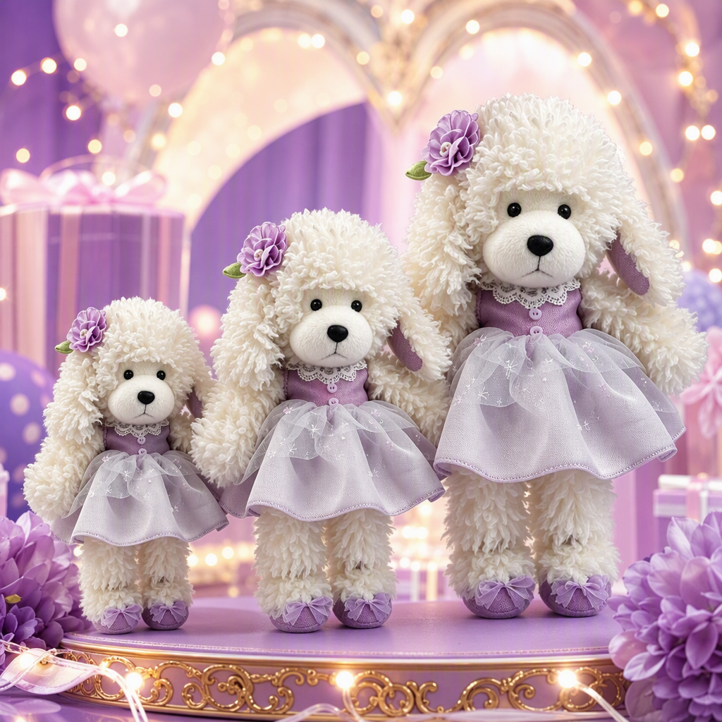 Lindo perro rizado blanco muñeca tres vestido morado juguete de peluche regalo para niños nuevo estilo varios Application Scenario