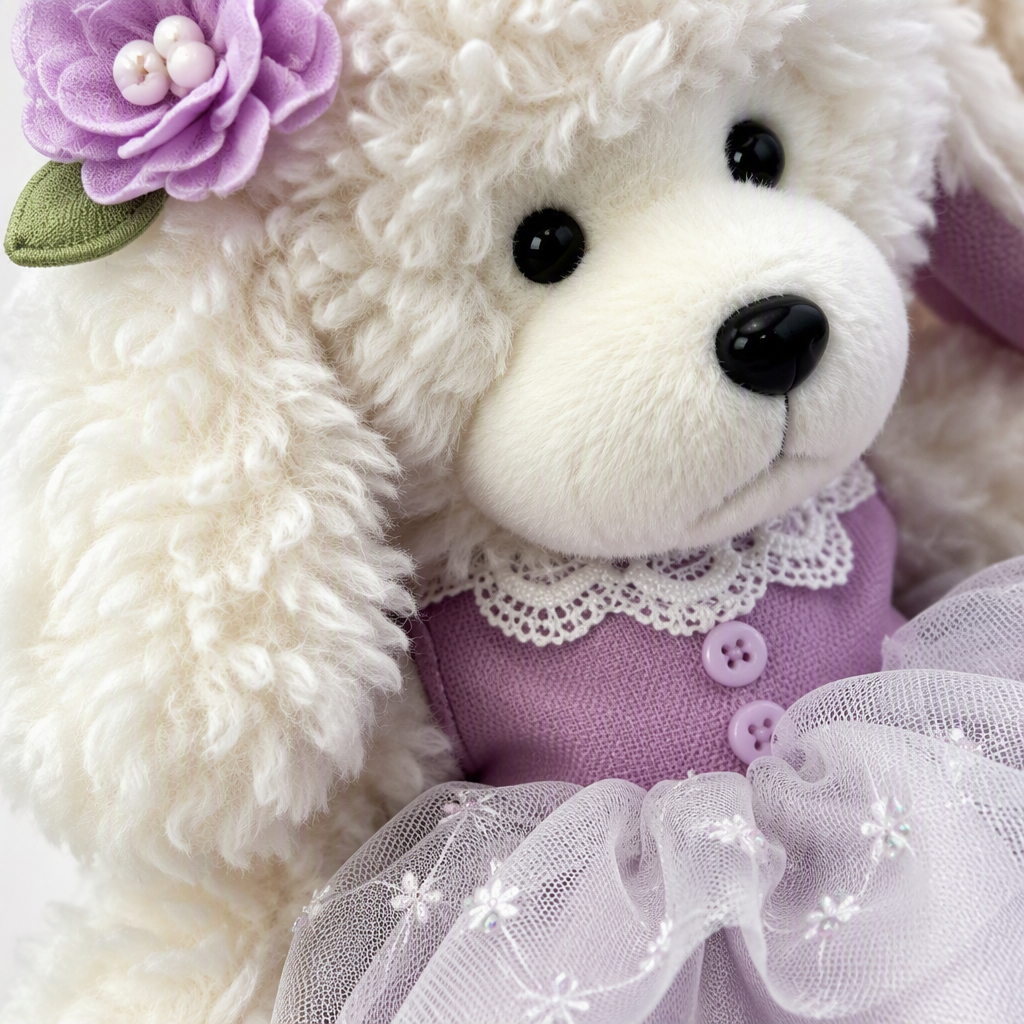 Lindo perro rizado blanco muñeca tres vestido morado juguete de peluche regalo para niños nuevo estilo varios Item Picture
