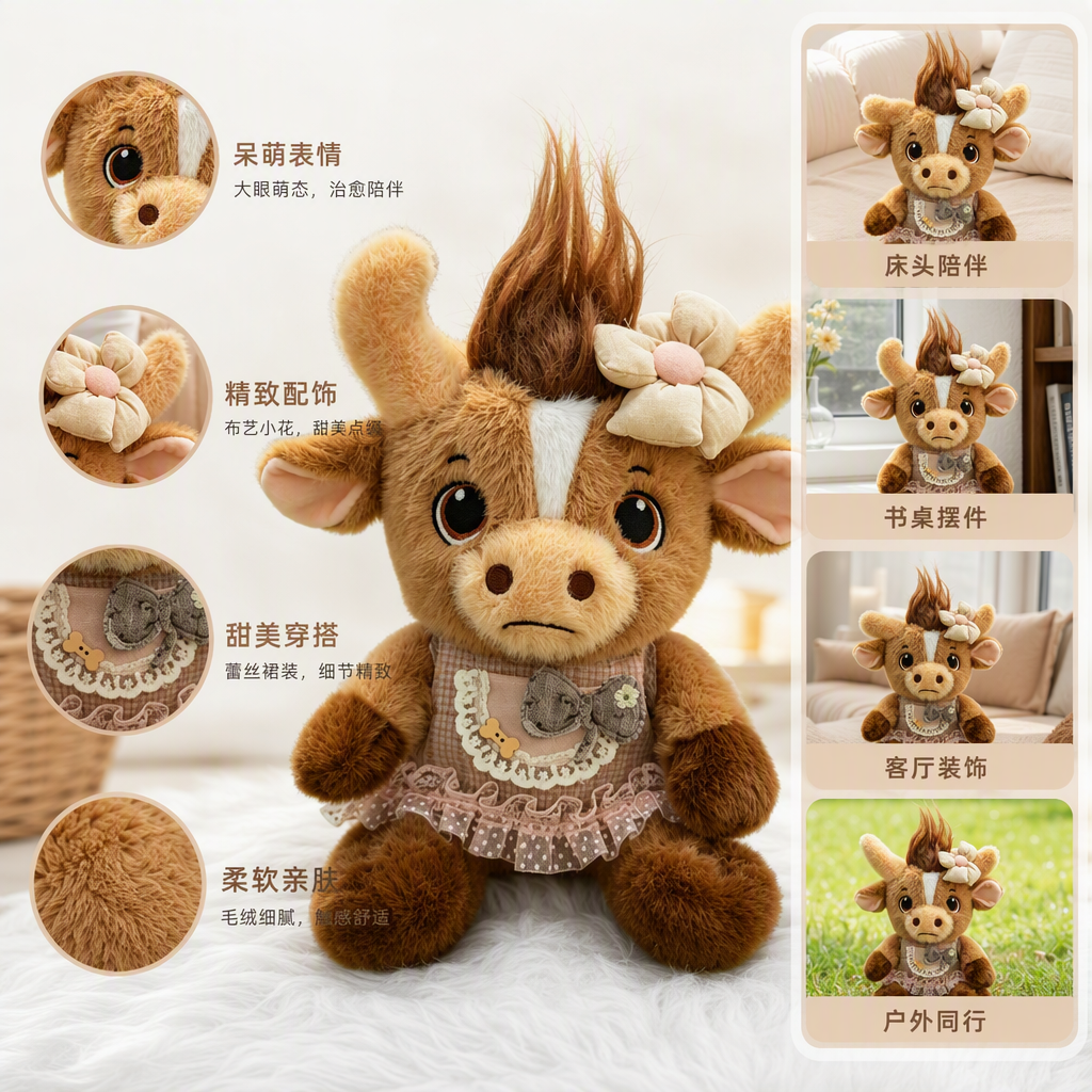 Transfronterizo nuevo año de vaca juguetes de peluche venchuan recuerdos muñecas de dibujos animados lindos comercio exterior puede al por mayor niños brown peluche muñecas de vaca usar flores adornos de pelo encaje a cuadros delantal sentarse en flores hierba muñecas de peluche lindos Specification image